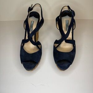 Prada‎ Blue Suede Wicker Wedge Sandal Heels Size 39.5 (US 9.5) Ankle Strap Shoes